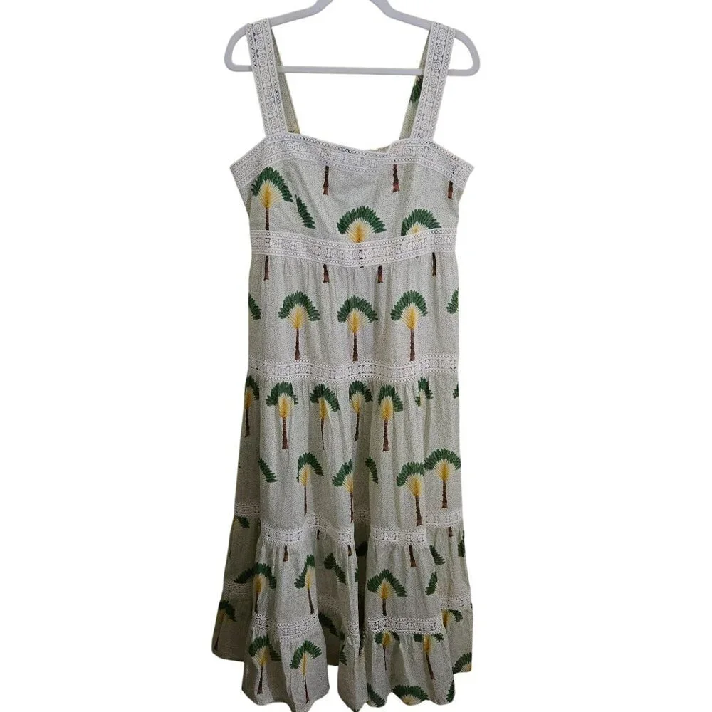 Calypso St.  Barth NWT Tropical Palm Tree Crochet Lace Tiered Maxi Dress Size L